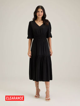 Twenty Dresses by Nykaa Fashion - Black V Neck Three Fourth Sleeves Solid Midi Dress