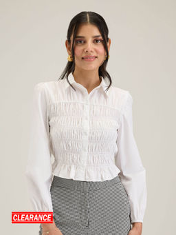 Twenty Dresses by Nykaa Fashion - Work White Solid Full Sleeves Smocked Cropped Shirt