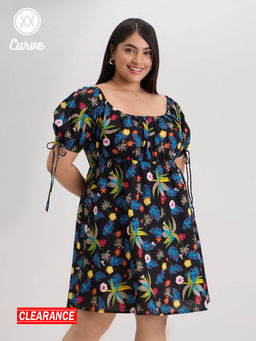 Twenty Dresses by Nykaa Fashion - Curve Black Square Neck Puff Sleeves Short Dress