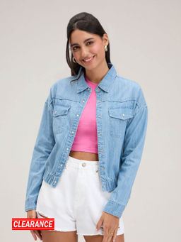 Twenty Dresses by Nykaa Fashion - Blue Solid Collared Denim Jacket