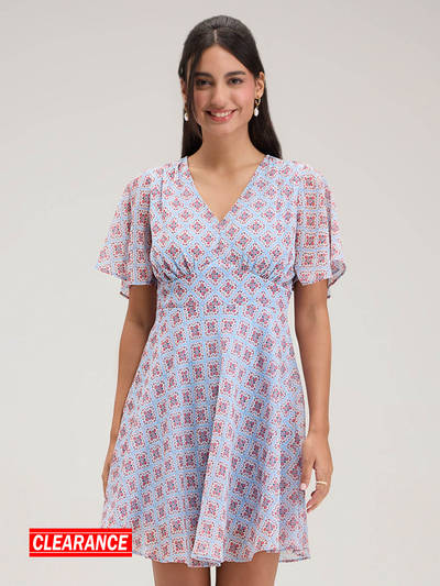 Light Blue Geometric V-Neck Short Dress