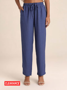 Twenty Dresses by Nykaa Fashion - Blue Solid High Waist Relaxed Trousers