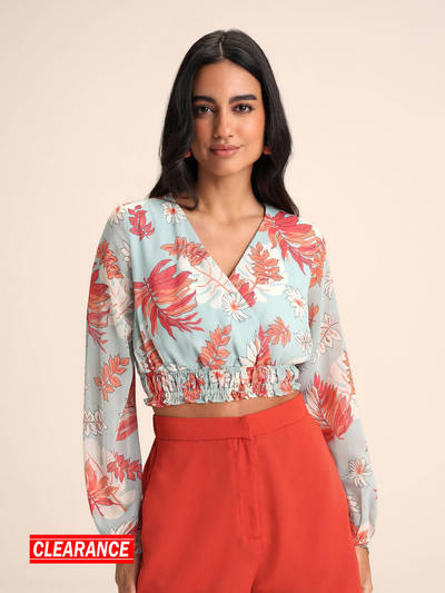 Blue Floral Full Sleeves Crop Top