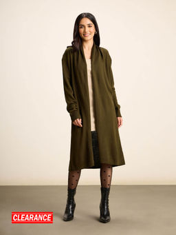 Twenty Dresses by Nykaa Fashion - Olive Green Solid Open Front Longline Cardigan