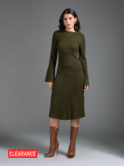 Twenty Dresses by Nykaa Fashion - Olive Green Textured Fit and Flare Midi Sweater Dress