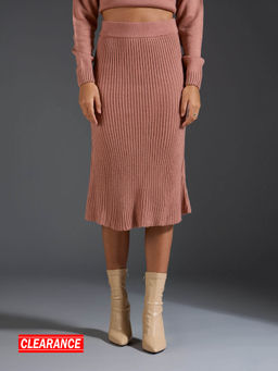 Twenty Dresses by Nykaa Fashion - Taupe Solid A Line Midi Sweater Skirt