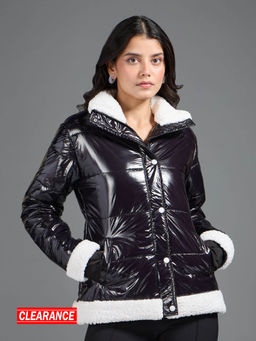 Twenty Dresses by Nykaa Fashion - Black Solid Shearling Collar Quilted Puffer Jacket