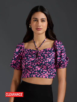 Twenty Dresses by Nykaa Fashion - Black Sweetheart Neck Floral Print Crop Top