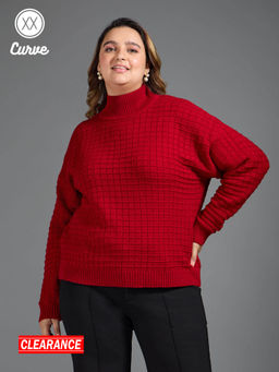 Twenty Dresses by Nykaa Fashion - Curve Red Textured Turtle Neck Sweater