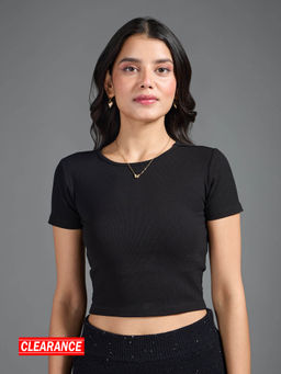Twenty Dresses by Nykaa Fashion - Basics Black Solid Round Neck Ribbed T Shirt