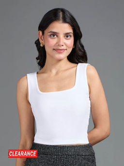 Twenty Dresses by Nykaa Fashion - Basics White Solid Square Neck Sleeveless Ribbed Top