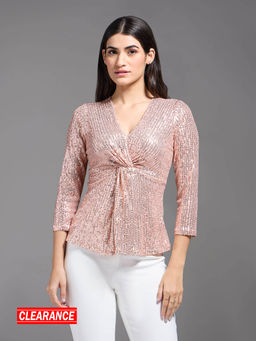 Twenty Dresses by Nykaa Fashion - Rose Gold Sequin V Neck Peplum Top