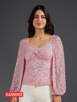 Twenty Dresses by Nykaa Fashion - Pink Sequin Sweetheart Neck Puff Sleeve Top