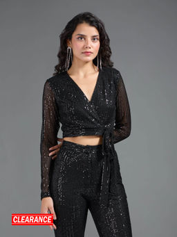 Twenty Dresses by Nykaa Fashion - Black Sequin V Neck Wrap Top