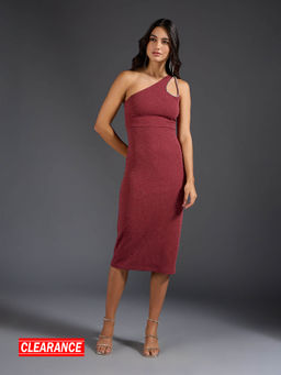 Twenty Dresses by Nykaa Fashion - Brick Red Textured One Shoulder Sheath Midi Dress