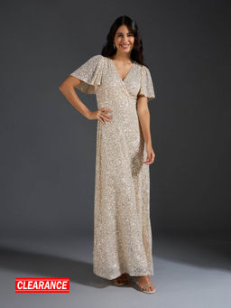 Twenty Dresses by Nykaa Fashion - Cream Sequinned V Neck Bell Sleeve Fit and Flare Maxi Dress