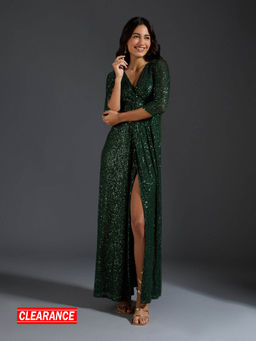 Twenty Dresses by Nykaa Fashion - Green Sequinned V Neck Sheath Maxi Dress