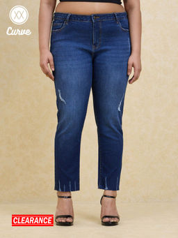 Twenty Dresses by Nykaa Fashion - Curve Marilyn Dark Blue Solid Slim Fit Distressed Cropped Jeans