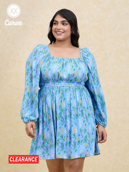 Twenty Dresses by Nykaa Fashion - Curve Blue Floral Printed Full Sleeves Short Dress
