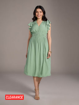 Twenty Dresses by Nykaa Fashion - Sage Green Solid Ruffled Midi Dress