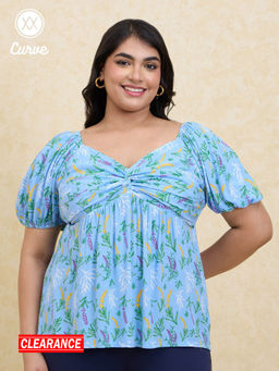 Twenty Dresses by Nykaa Fashion - Curve Blue Floral Printed Knotted Puff Sleeves Top