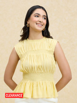 Twenty Dresses by Nykaa Fashion - Yellow Solid Smocked Sleeveless Peplum Top