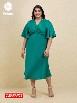 Twenty Dresses by Nykaa Fashion - Curve Green Solid V Neck Bell Sleeves Satin Midi Dress