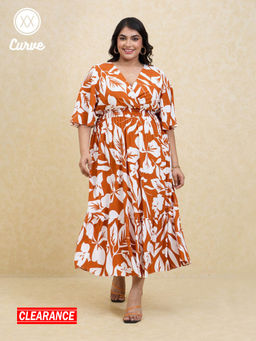 Twenty Dresses by Nykaa Fashion - Curve Rust Printed Bell Sleeves Fit and Flare Midi Dress