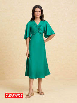 Twenty Dresses by Nykaa Fashion - Green Solid V Neck Bell Sleeves Satin Midi Dress