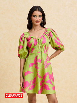 Twenty Dresses by Nykaa Fashion - Green Floral V Neck Backless Fit and Flare Satin Mini Dress
