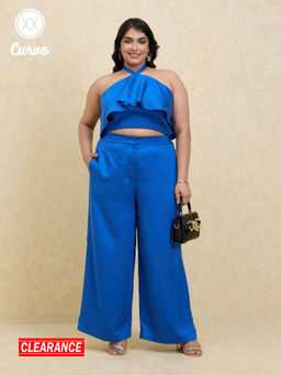 Twenty Dresses by Nykaa Fashion - Curve Cobalt Blue Solid Halter Neck Satin Co-ord (Set of 2)