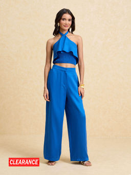 Twenty Dresses by Nykaa Fashion - Cobalt Blue Solid Halter Neck Satin Co-Ord (Set of 2)