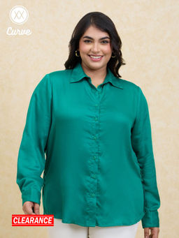 Twenty Dresses by Nykaa Fashion - Curve Green Solid Full Sleeves Classic Satin Shirt