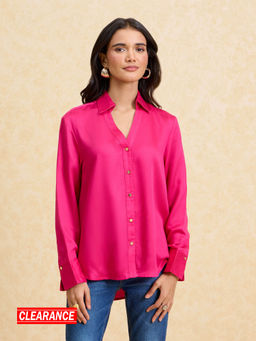Twenty Dresses by Nykaa Fashion - Hot Pink Solid Full Sleeves Classic Satin Shirt