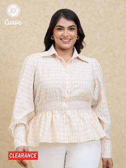 Twenty Dresses by Nykaa Fashion - Curve Off White Textured Shirt Collar Peplum Top