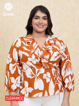 Twenty Dresses by Nykaa Fashion - Curve Rust And White V Neck Ruffle Puff Sleeves Tie Up Peplum Top