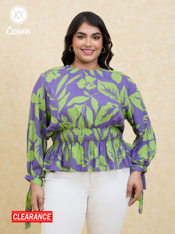 Twenty Dresses by Nykaa Fashion - Curve Purple And Green Printed Puff Sleeves Smocked Peplum Top