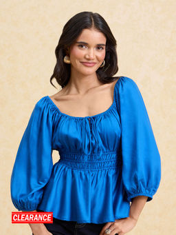 Twenty Dresses by Nykaa Fashion - Cobalt Blue Round Neck Puff Sleeves Peplum Top