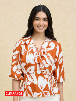 Twenty Dresses by Nykaa Fashion - Rust And White V Neck Ruffle Puff Sleeves Tie Up Peplum Top