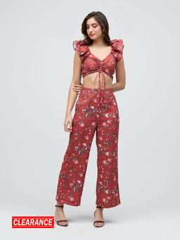 Twenty Dresses by Nykaa Fashion - Rust Floral Sleeveless Fitted Pants Co Ord (Set of 2)