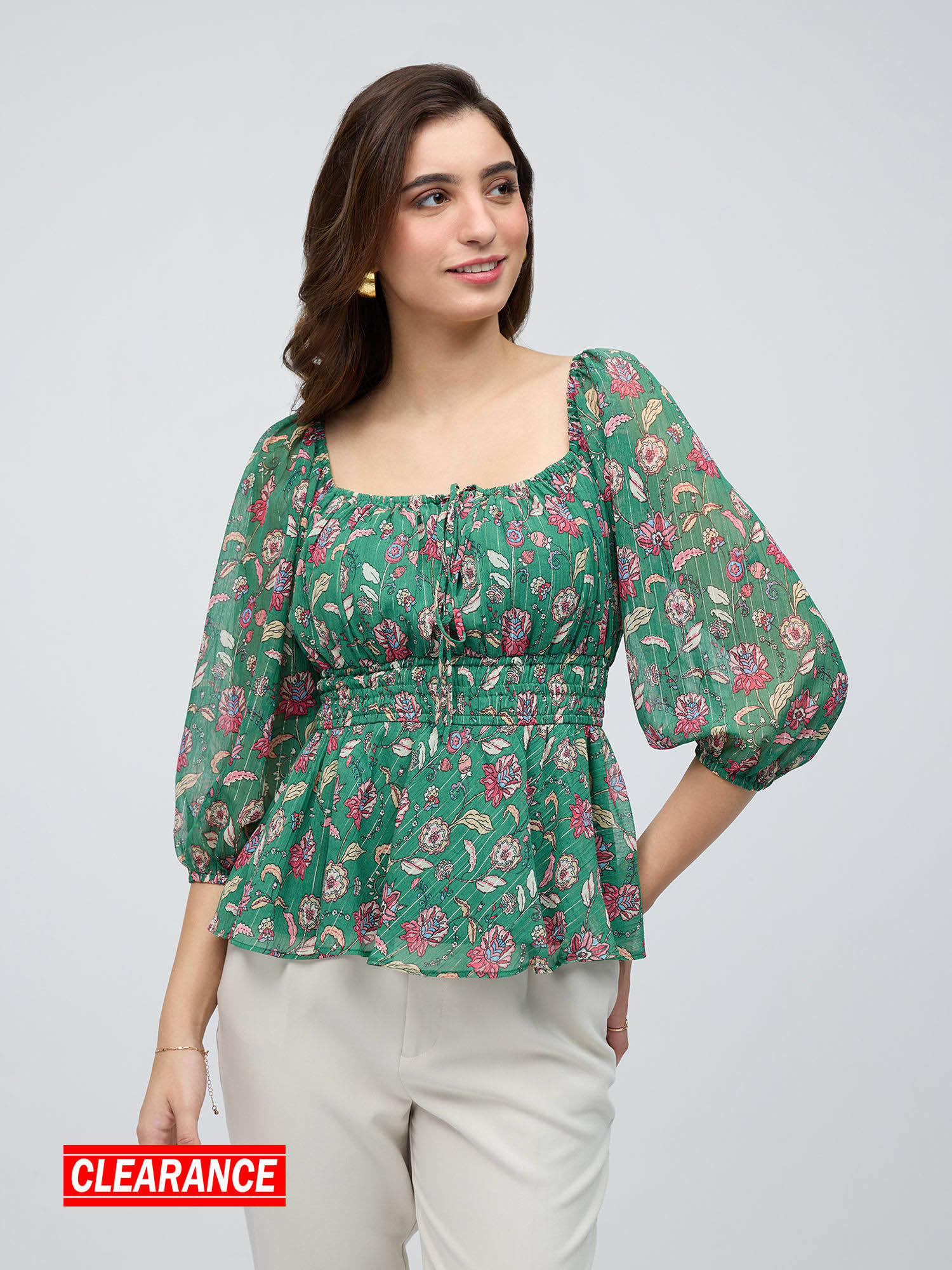 Buy Twenty Dresses by Nykaa Fashion Green Floral Square Neck Puff