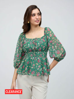 Twenty Dresses by Nykaa Fashion - Green Floral Square Neck Puff Sleeves Peplum Top