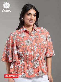 Twenty Dresses by Nykaa Fashion - Curve Rust and White Floral Bell Sleeves Peplum Shirt