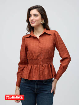 Twenty Dresses by Nykaa Fashion - Rust Self Design Full Sleeves Peplum Shirt