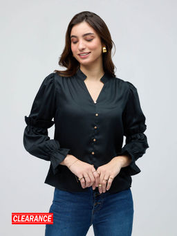 Twenty Dresses by Nykaa Fashion - Black Solid Mandarin Collar Ruffled Sleeves Top