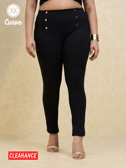 Twenty Dresses by Nykaa Fashion - Curve Black Solid High Waist Button Skinny Jeggings