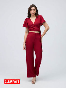 Twenty Dresses by Nykaa Fashion - Maroon Solid High Waist Straight Fit Pant Co Ord (Set of 2)