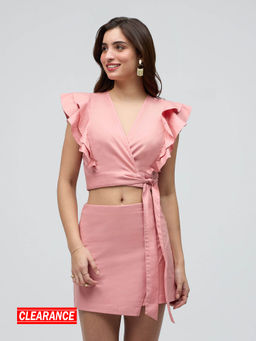 Twenty Dresses by Nykaa Fashion - Pink Solid Crop Ruffle Sleeves Wrap Skirt Co Ord (Set of 2)