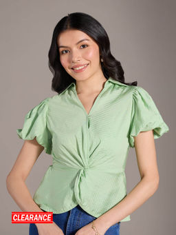 Twenty Dresses by Nykaa Fashion - Mint Green Solid Collared V Neck Puff Sleeves Top