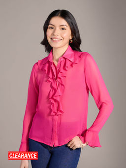 Twenty Dresses by Nykaa Fashion - Fuchsia Pink Solid Ruffle Full Sleeves Shirt